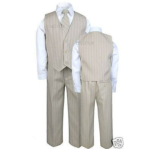 Baby Toddler Boys 4pc Vest Set Pinstripe Formal Tuxedo Suits Khaki Beige sz S-20 